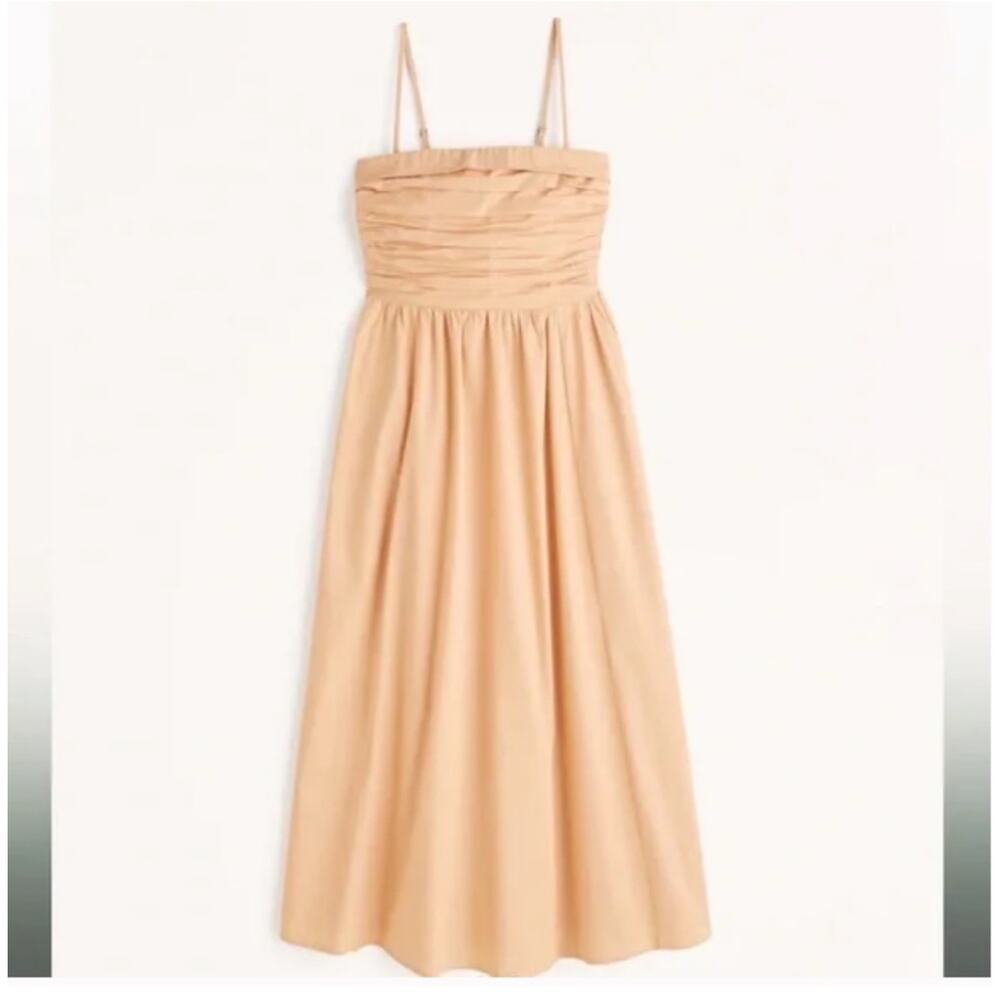 Abercrombie & Fitch Dress Women Large Orange Midi Poplin Smocked Fit Flare Strap